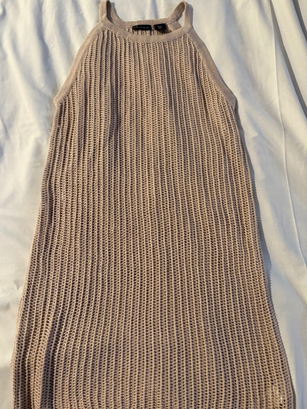 Tahari Open-Knit Crochet Mini Dress - Beige Halter Tunic - Small